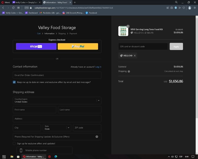 Valley Food Storage checkout page showing Valley Food Storage discount code box | Screenshot taken by SimplyCodes community member on Mar 28, 2023