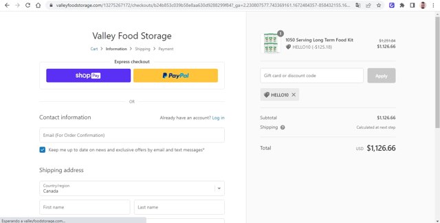 Valley Food Storage checkout page showing Valley Food Storage discount code box | Screenshot taken by SimplyCodes community member on Dec 31, 2022