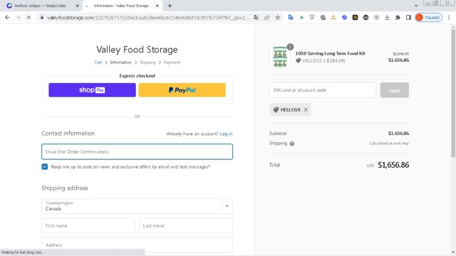 Valley Food Storage checkout page showing Valley Food Storage discount code box | Screenshot taken by SimplyCodes community member on Jan 29, 2023