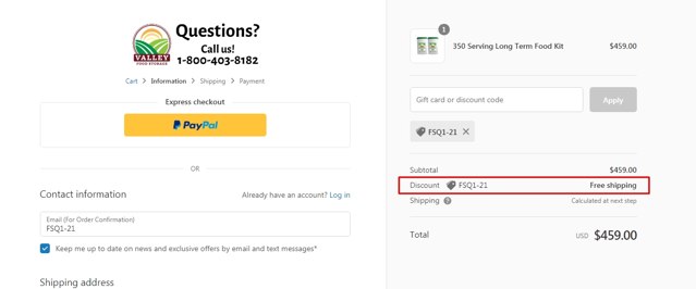 Valley Food Storage checkout page showing Valley Food Storage discount code box | Screenshot taken by SimplyCodes community member on Mar 1, 2021