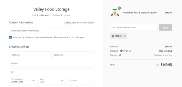 Valley Food Storage checkout page showing Valley Food Storage discount code box | Screenshot taken by SimplyCodes community member on Sep 29, 2021