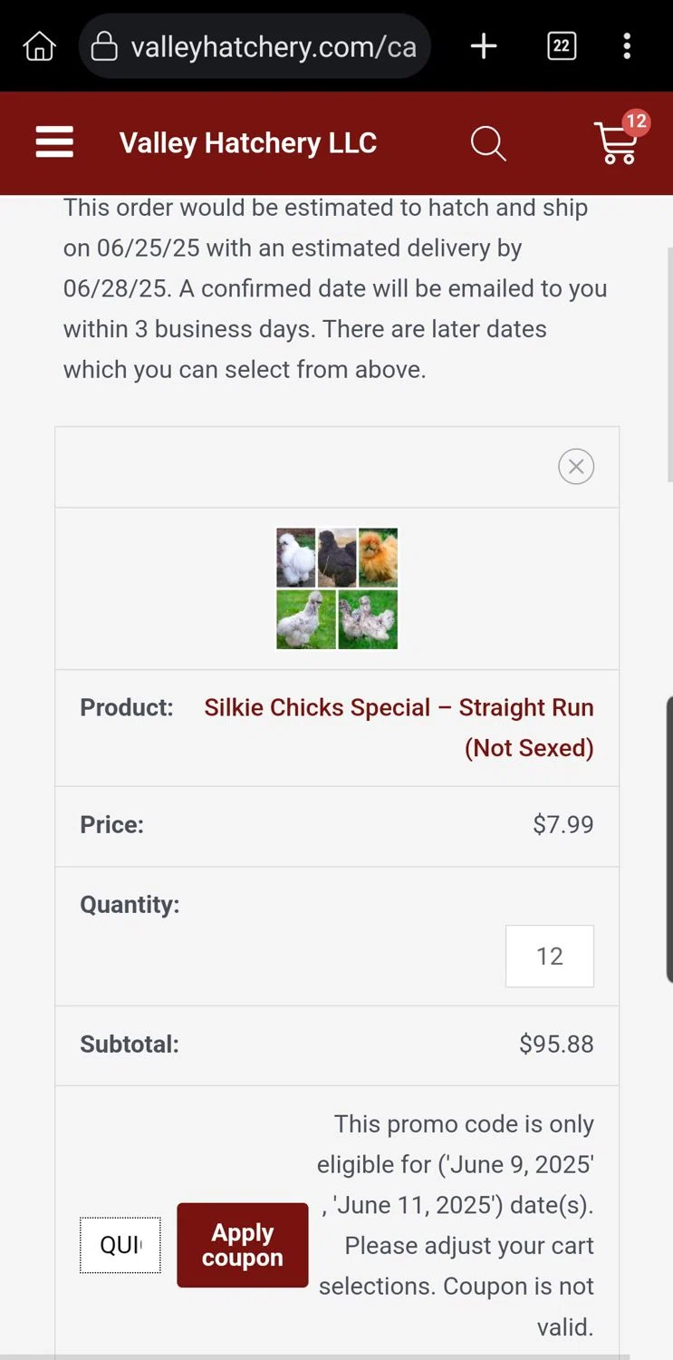 Valley Hatchery coupon code screenshot showing code QUICKCHICKS applied at Valley Hatchery checkout page. Uploaded by SimplyCodes community member Carloslvz on Jun 13, 2025