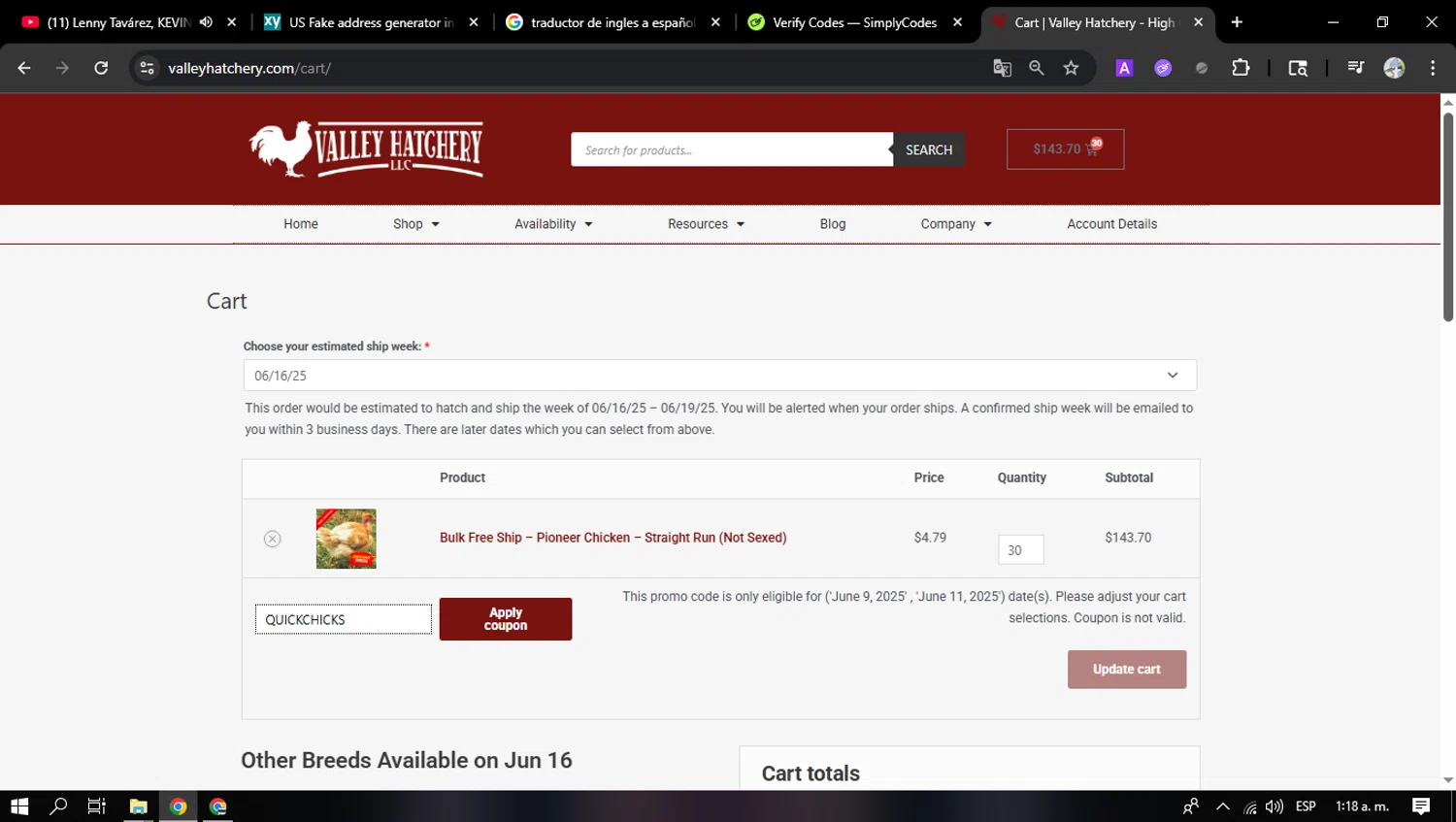 Valley Hatchery coupon code screenshot showing code QUICKCHICKS applied at Valley Hatchery checkout page. Uploaded by SimplyCodes community member jesusalejandro on Jun 13, 2025