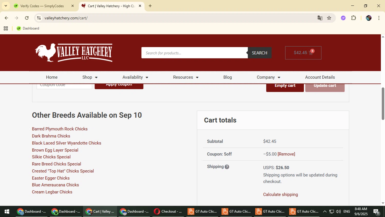 Valley Hatchery coupon code screenshot showing code 5OFF applied at Valley Hatchery checkout page. Uploaded by SimplyCodes community member Typhlosion on Sep 6, 2025