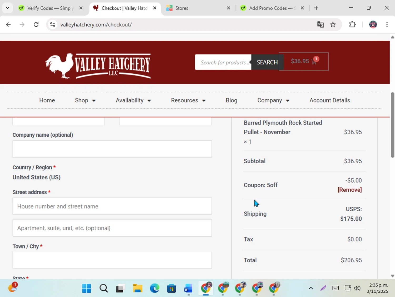 Valley Hatchery coupon code screenshot showing code 5OFF applied at Valley Hatchery checkout page. Uploaded by SimplyCodes community member karoline on Nov 3, 2025