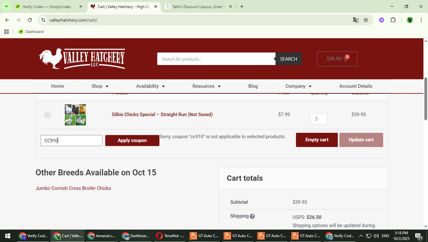 Valley Hatchery coupon code screenshot showing code CC910 applied at Valley Hatchery checkout page. Uploaded by SimplyCodes community member MaitoGai on Oct 2, 2025