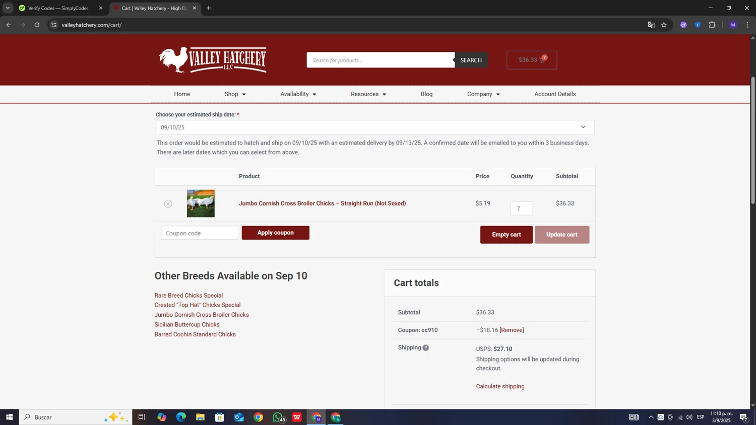 Valley Hatchery coupon code screenshot showing code CC910 applied at Valley Hatchery checkout page. Uploaded by SimplyCodes community member iuesei on Sep 4, 2025
