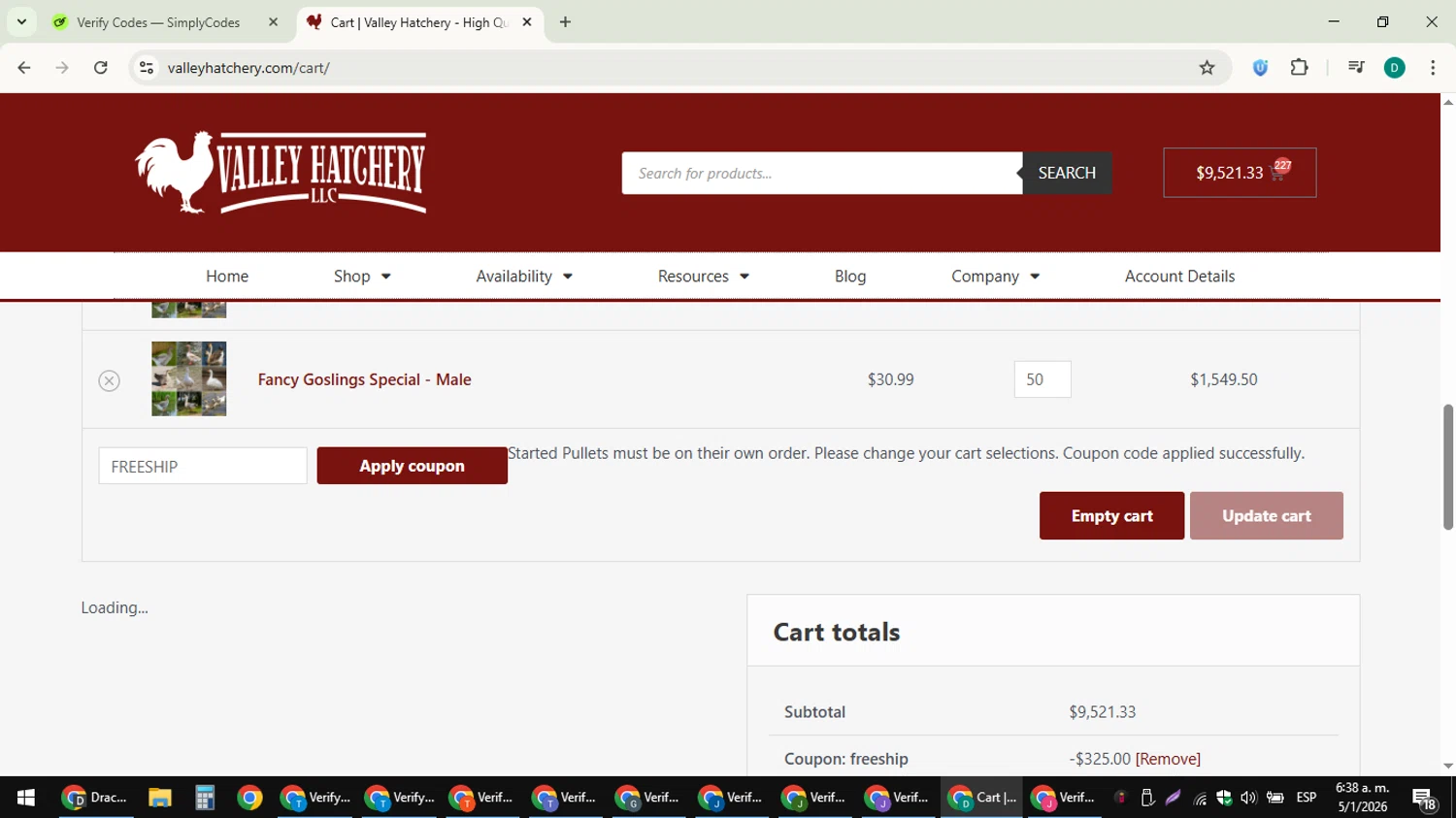 Valley Hatchery checkout page showing Valley Hatchery coupon code box | Screenshot taken by SimplyCodes community member on Jan 5, 2026