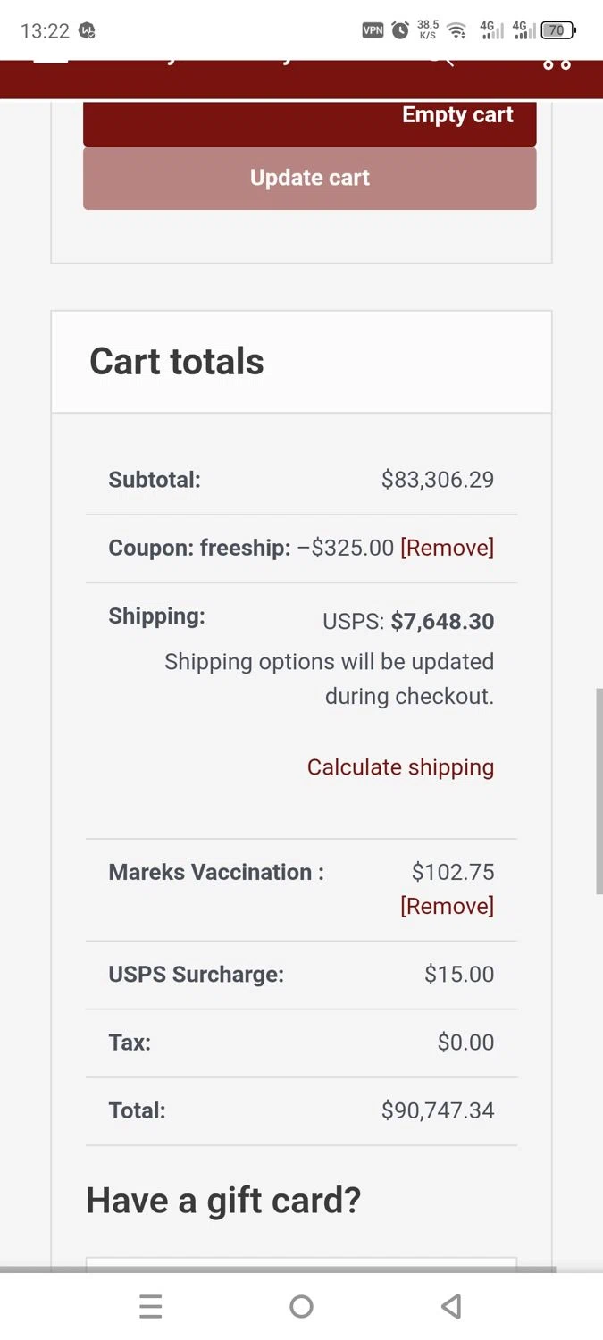 Valley Hatchery coupon code screenshot showing code FREESHIP applied at Valley Hatchery checkout page. Uploaded by SimplyCodes community member dayselis15 on Oct 10, 2025