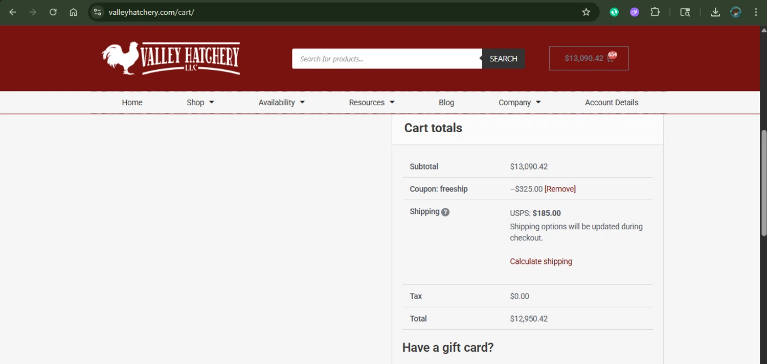 Valley Hatchery coupon code screenshot showing code FREESHIP applied at Valley Hatchery checkout page. Uploaded by SimplyCodes community member xAngel on Nov 8, 2025