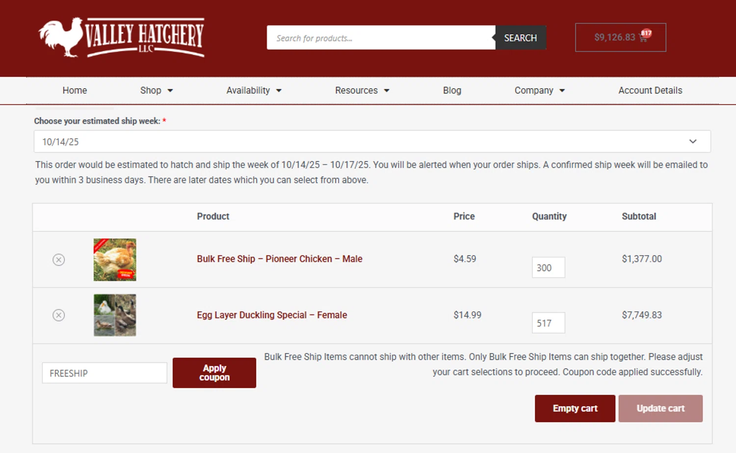 Valley Hatchery coupon code screenshot showing code FREESHIP applied at Valley Hatchery checkout page. Uploaded by SimplyCodes community member ashe1986 on Oct 10, 2025