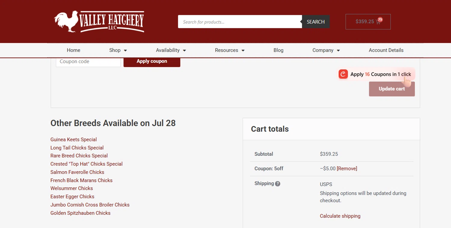 Valley Hatchery coupon code screenshot showing code 5OFF applied at Valley Hatchery checkout page. Uploaded by SimplyCodes community member ashe1986 on Jul 10, 2025