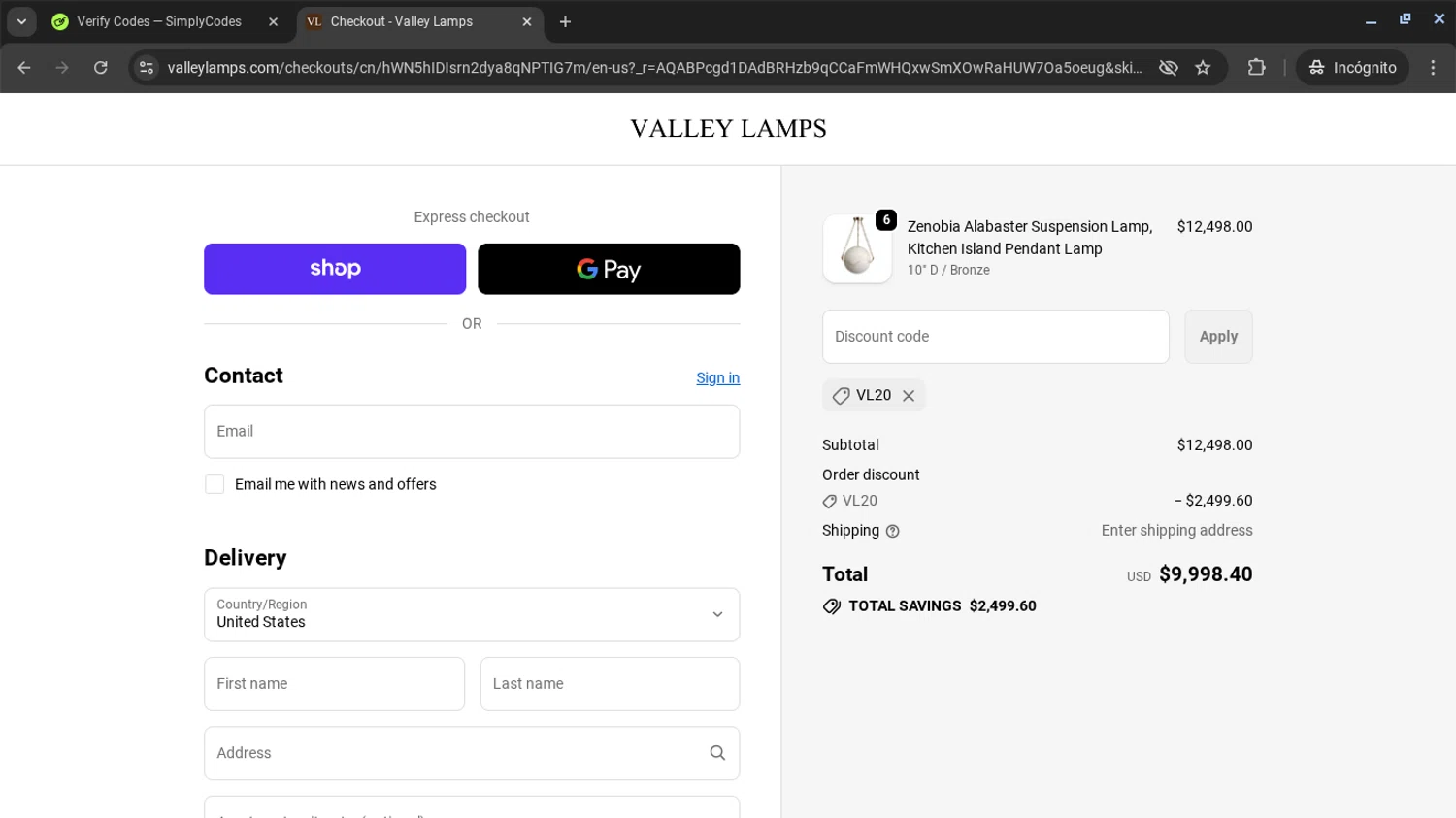 Valley Lamps promo code screenshot showing code VL20 applied at Valley Lamps checkout page. Uploaded by SimplyCodes community member AVAMUSTANG on Nov 25, 2025