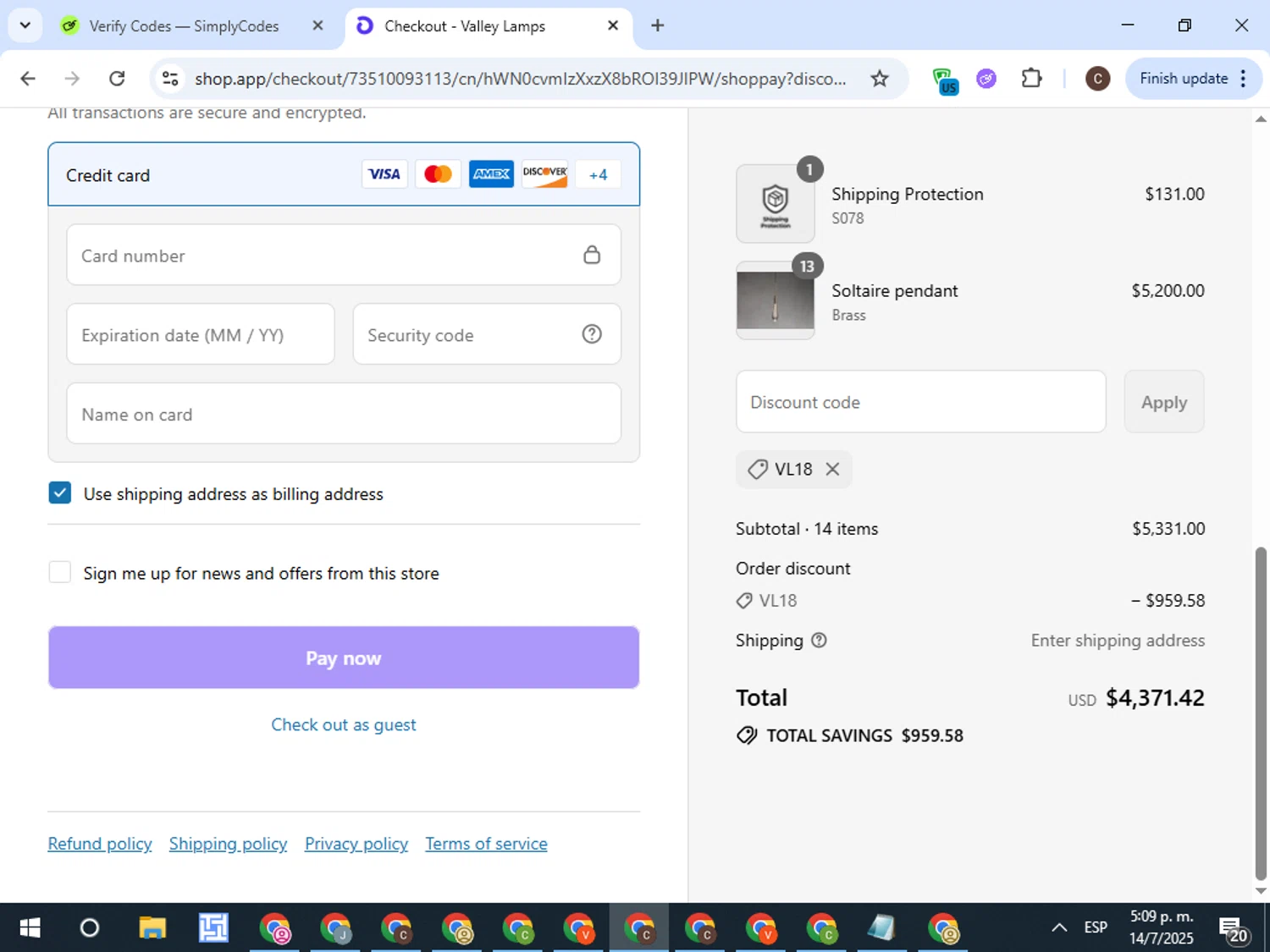 Valley Lamps promo code screenshot showing code VL20 applied at Valley Lamps checkout page. Uploaded by SimplyCodes community member TreasureFox8596 on Jul 14, 2025