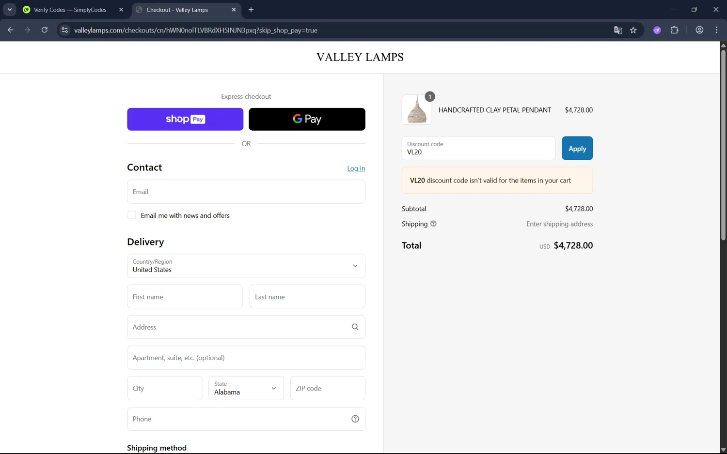 Valley Lamps promo code screenshot showing code VL20 applied at Valley Lamps checkout page. Uploaded by SimplyCodes community member juan1702 on Jul 19, 2025