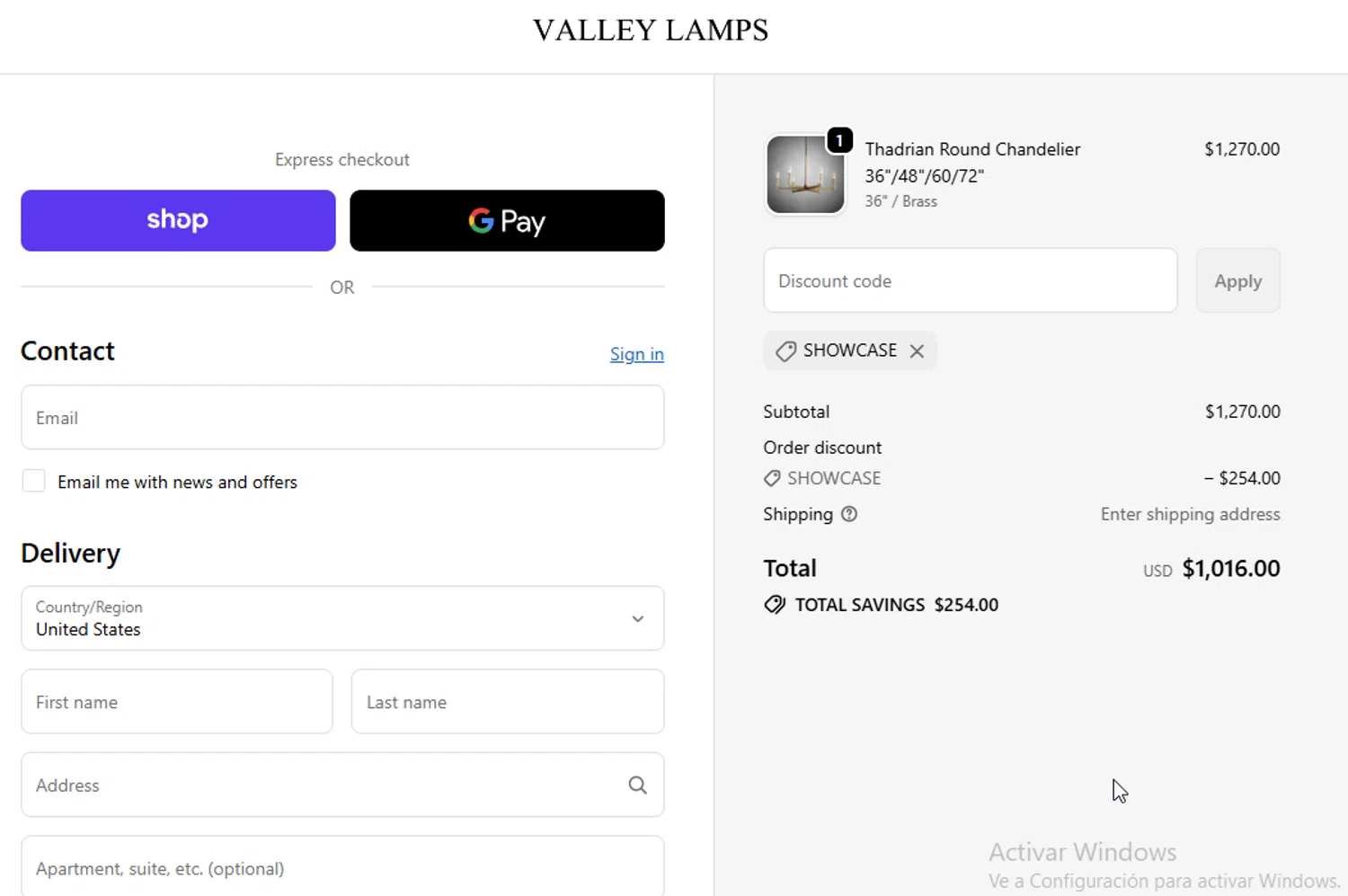 Valley Lamps promo code screenshot showing code SHOWCASE applied at Valley Lamps checkout page. Uploaded by SimplyCodes community member BudgetGuardian5712 on Dec 29, 2025