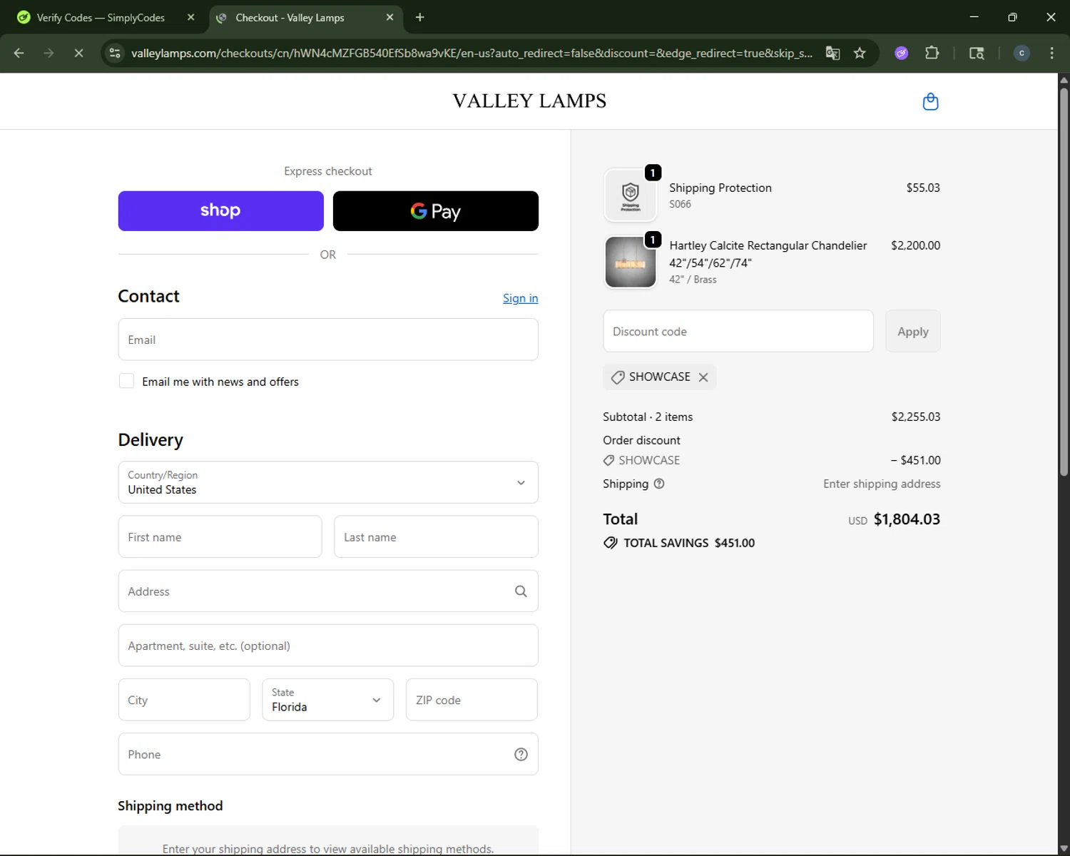 Valley Lamps promo code screenshot showing code SHOWCASE applied at Valley Lamps checkout page. Uploaded by SimplyCodes community member CouponAce2971 on Oct 28, 2025