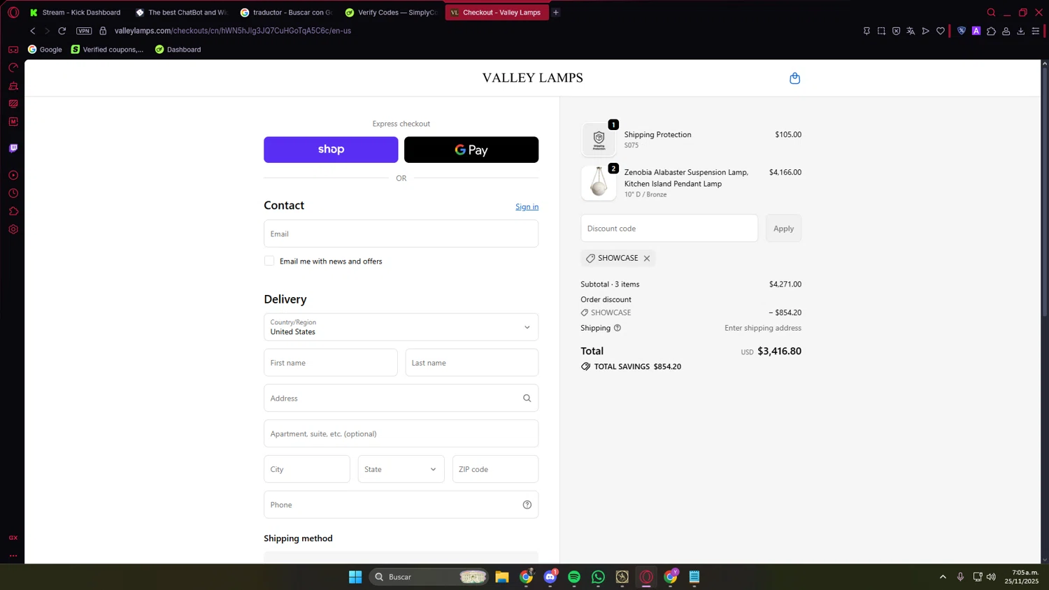 Valley Lamps promo code screenshot showing code SHOWCASE applied at Valley Lamps checkout page. Uploaded by SimplyCodes community member PrimeVirtuoso9679 on Nov 25, 2025