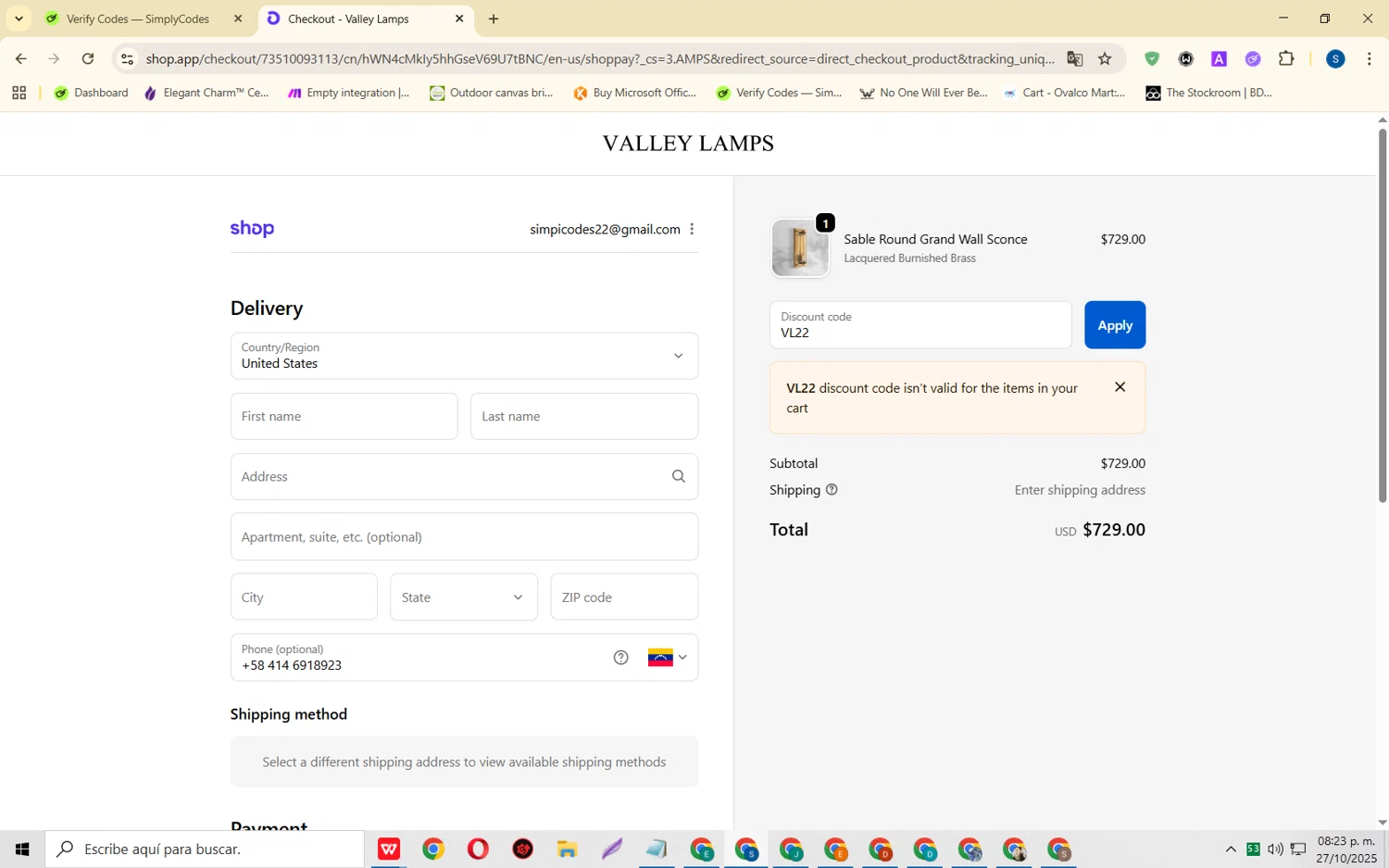 Valley Lamps promo code screenshot showing code VL22 applied at Valley Lamps checkout page. Uploaded by SimplyCodes community member CleverOwl2485 on Oct 28, 2025