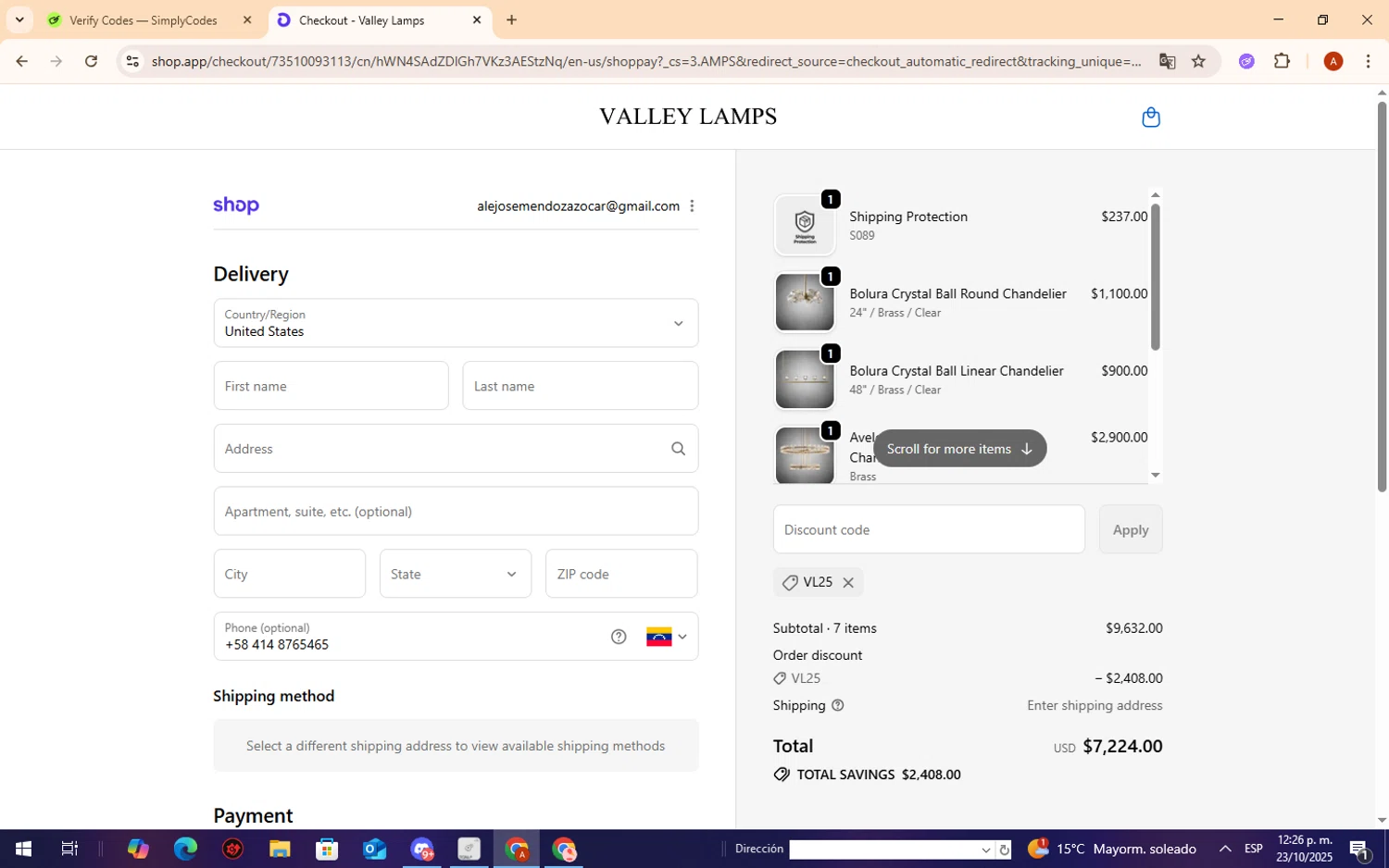 Valley Lamps promo code screenshot showing code VL25 applied at Valley Lamps checkout page. Uploaded by SimplyCodes community member CryBabyy on Oct 23, 2025