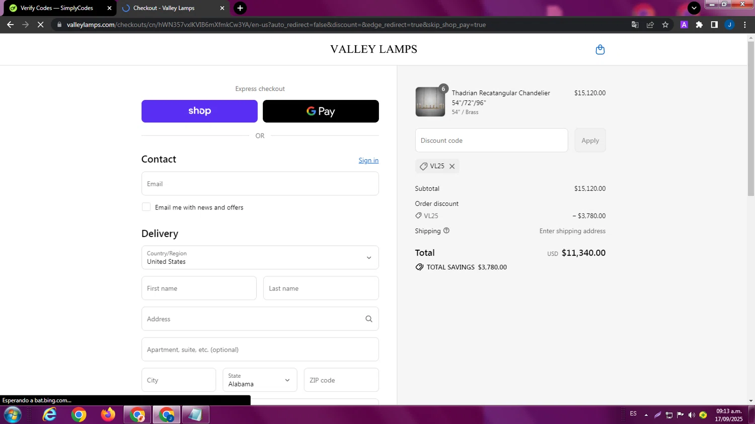 Valley Lamps promo code screenshot showing code VL25 applied at Valley Lamps checkout page. Uploaded by SimplyCodes community member ExtraordinaryPhoenix9295 on Sep 17, 2025