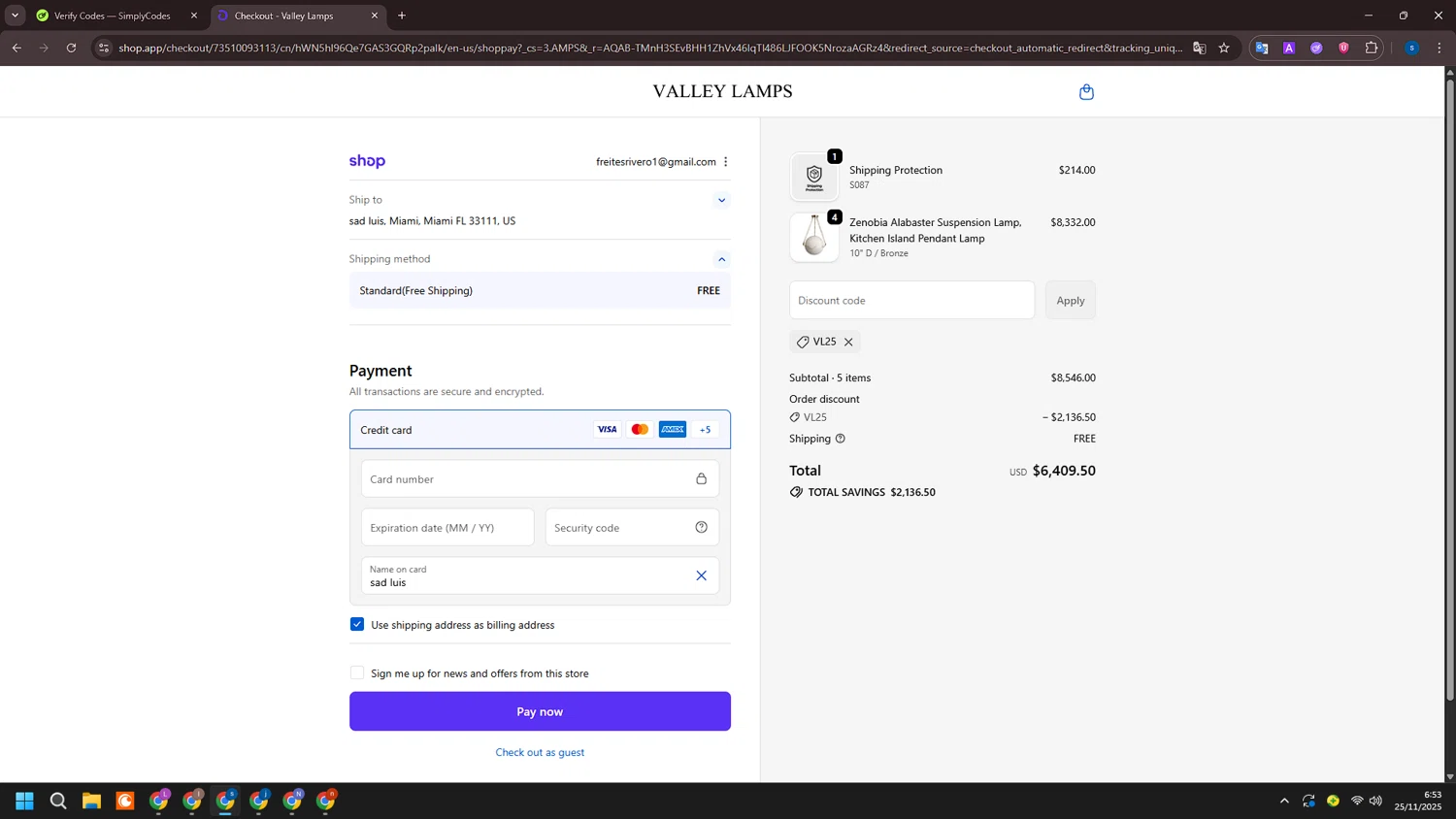 Valley Lamps promo code screenshot showing code VL25 applied at Valley Lamps checkout page. Uploaded by SimplyCodes community member ExtraordinarySleuth4345 on Nov 25, 2025