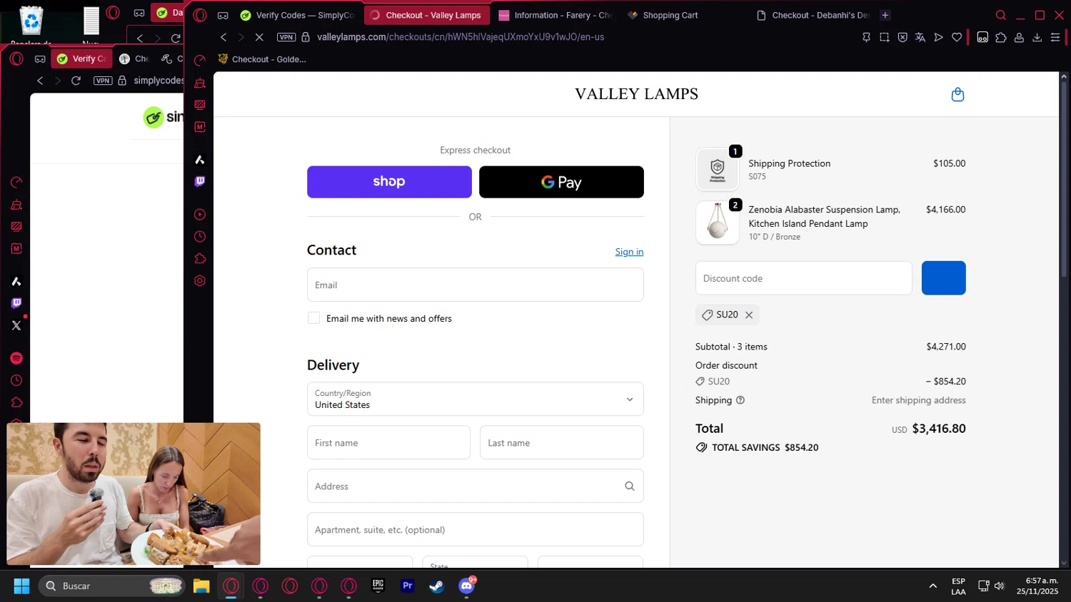 Valley Lamps promo code screenshot showing code SU20 applied at Valley Lamps checkout page. Uploaded by SimplyCodes community member Billyyou on Nov 25, 2025