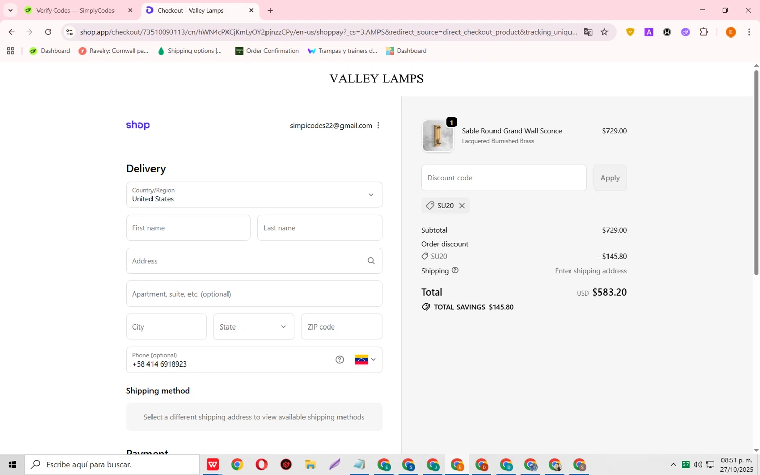 Valley Lamps promo code screenshot showing code SU20 applied at Valley Lamps checkout page. Uploaded by SimplyCodes community member RewardFalcon3197 on Oct 28, 2025