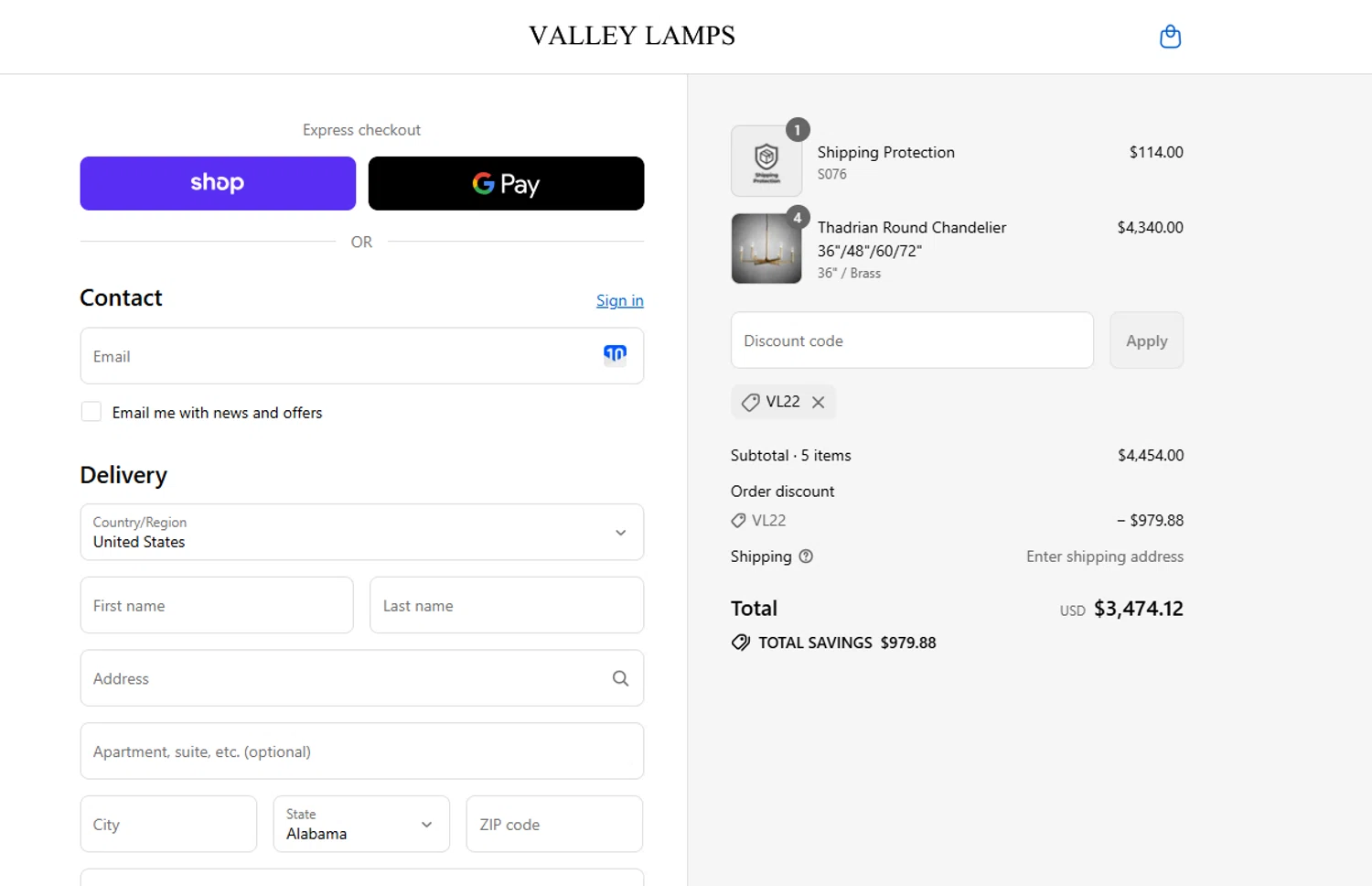 Valley Lamps promo code screenshot showing code VL22 applied at Valley Lamps checkout page. Uploaded by SimplyCodes community member Westcoll on Sep 17, 2025