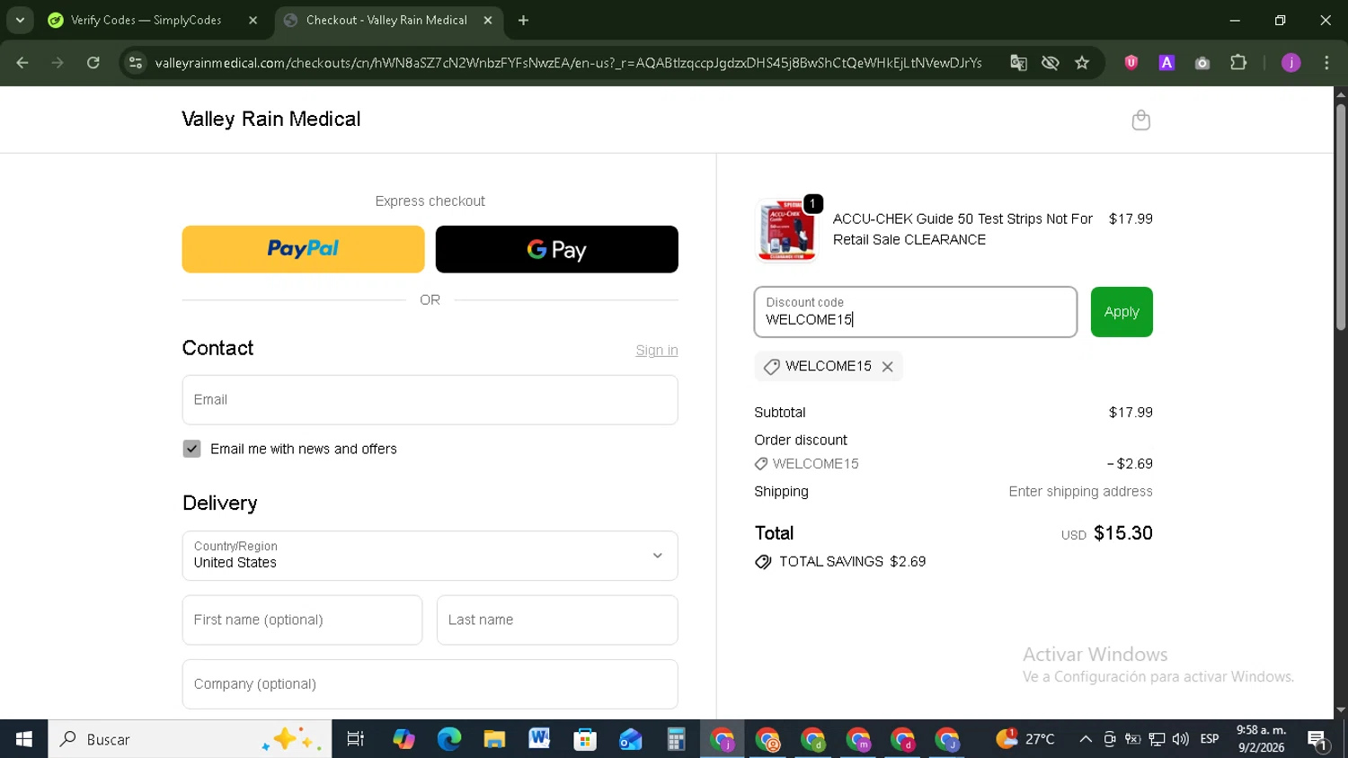 Valley Rain Medical promo code screenshot showing code WELCOME15 applied at Valley Rain Medical checkout page. Uploaded by SimplyCodes community member Tazbravo on Feb 9, 2026