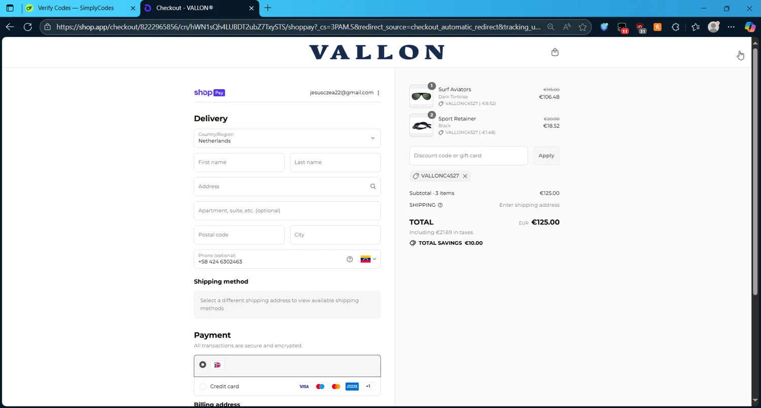 VALLON discount code screenshot showing code VALLONc4527 applied at VALLON checkout page. Uploaded by SimplyCodes community member DonutPunks on Aug 16, 2025