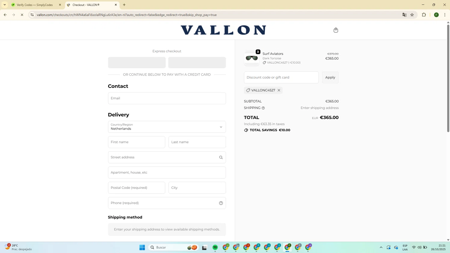 VALLON discount code screenshot showing code VALLONc4527 applied at VALLON checkout page. Uploaded by SimplyCodes community member MoneyPro9023 on Oct 27, 2025