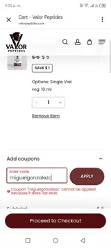 Valor Peptides coupon verification screenshot