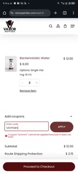 Valor Peptides coupon verification screenshot