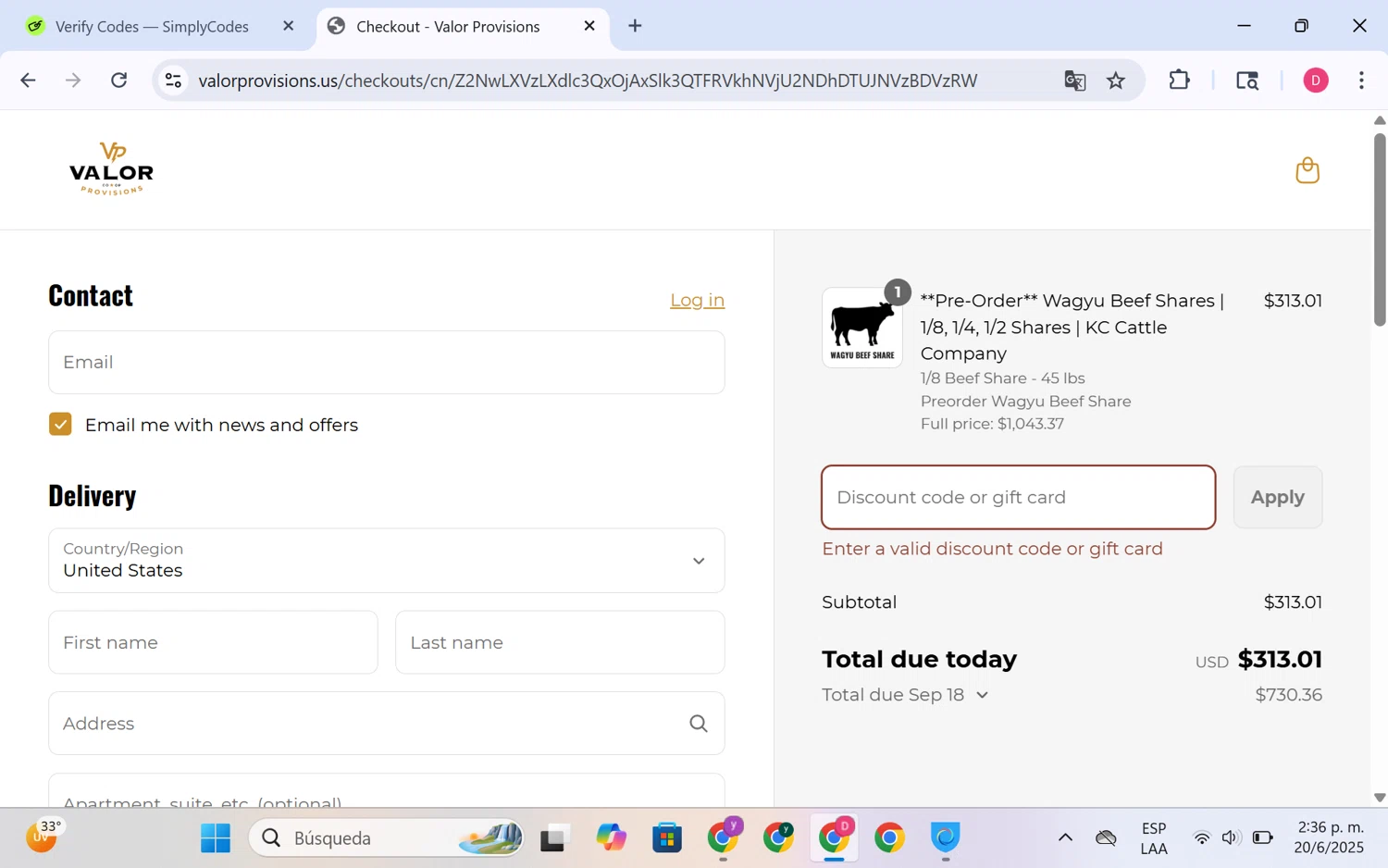 Valor Provisions promo code screenshot showing code FREEBEEF applied at Valor Provisions checkout page. Uploaded by SimplyCodes community member LuckyHero4650 on Jun 20, 2025
