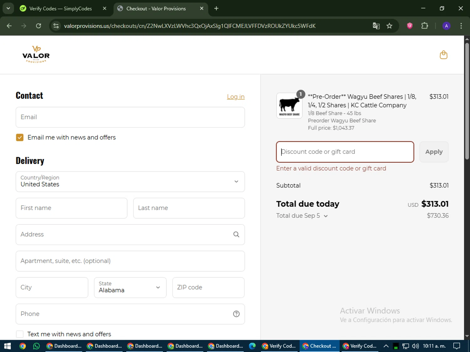 Valor Provisions promo code screenshot showing code WELCOMETOVP applied at Valor Provisions checkout page. Uploaded by SimplyCodes community member MagnificentWarden4603 on Jun 7, 2025