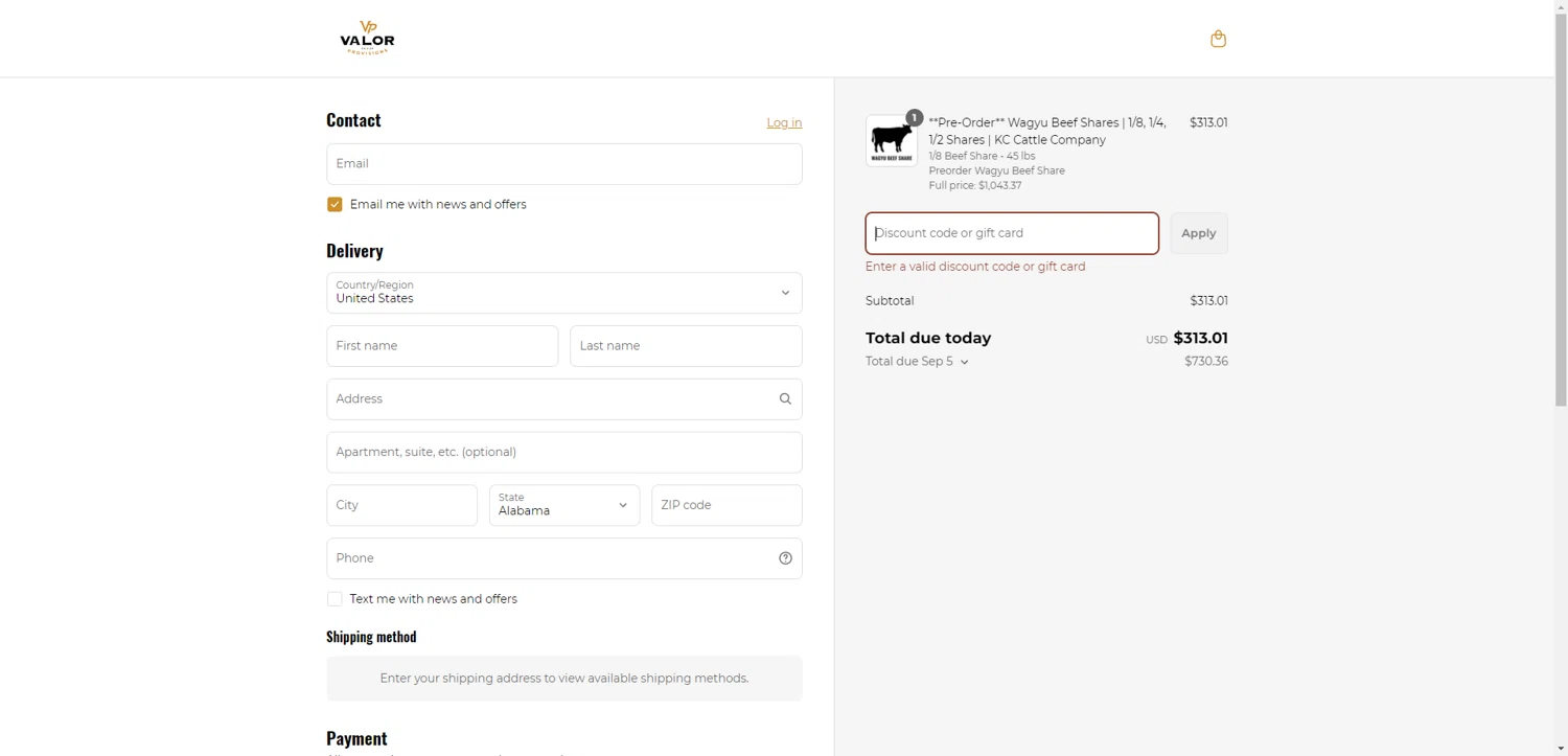 Valor Provisions promo code screenshot showing code WELCOMETOVP applied at Valor Provisions checkout page. Uploaded by SimplyCodes community member PennyRanger8219 on Jun 7, 2025
