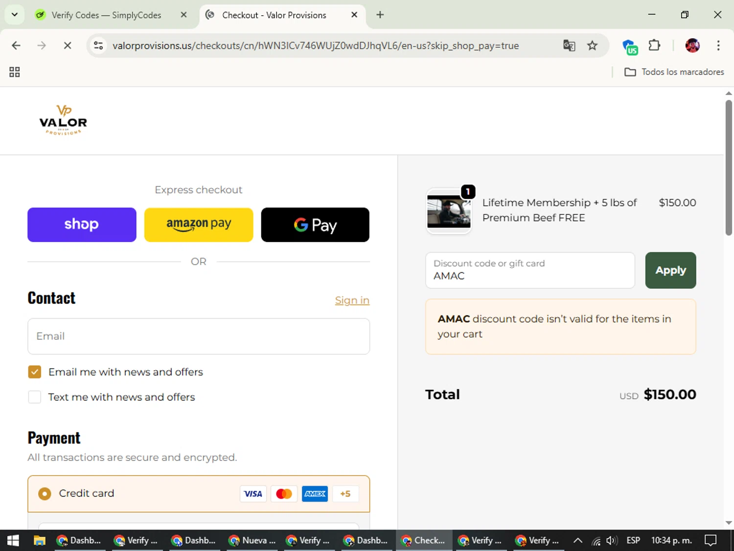 Valor Provisions promo code screenshot showing code AMAC applied at Valor Provisions checkout page. Uploaded by SimplyCodes community member SavingsEagle5772 on Sep 23, 2025
