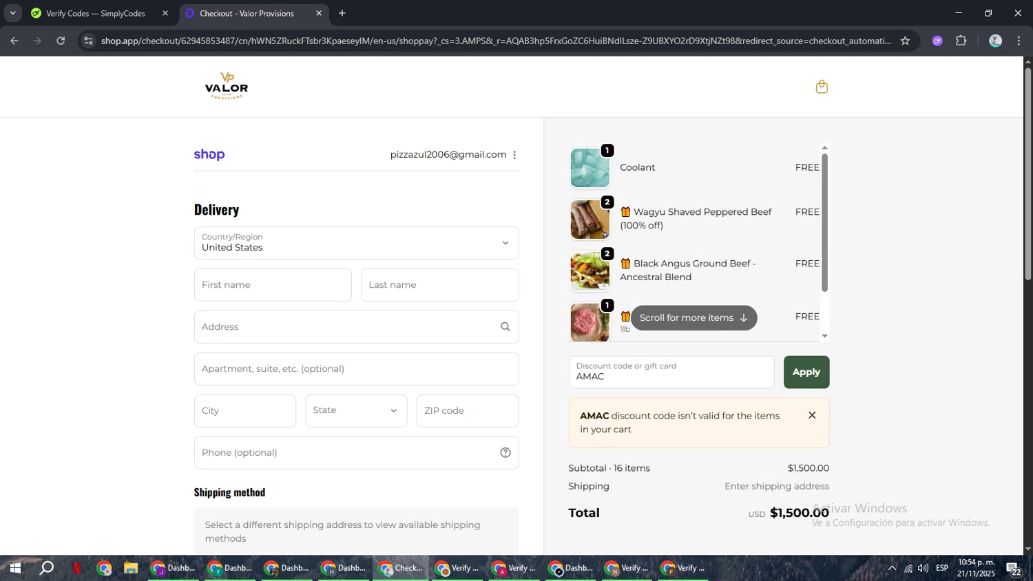 Valor Provisions promo code screenshot showing code AMAC applied at Valor Provisions checkout page. Uploaded by SimplyCodes community member ShrewdSeeker6165 on Nov 22, 2025