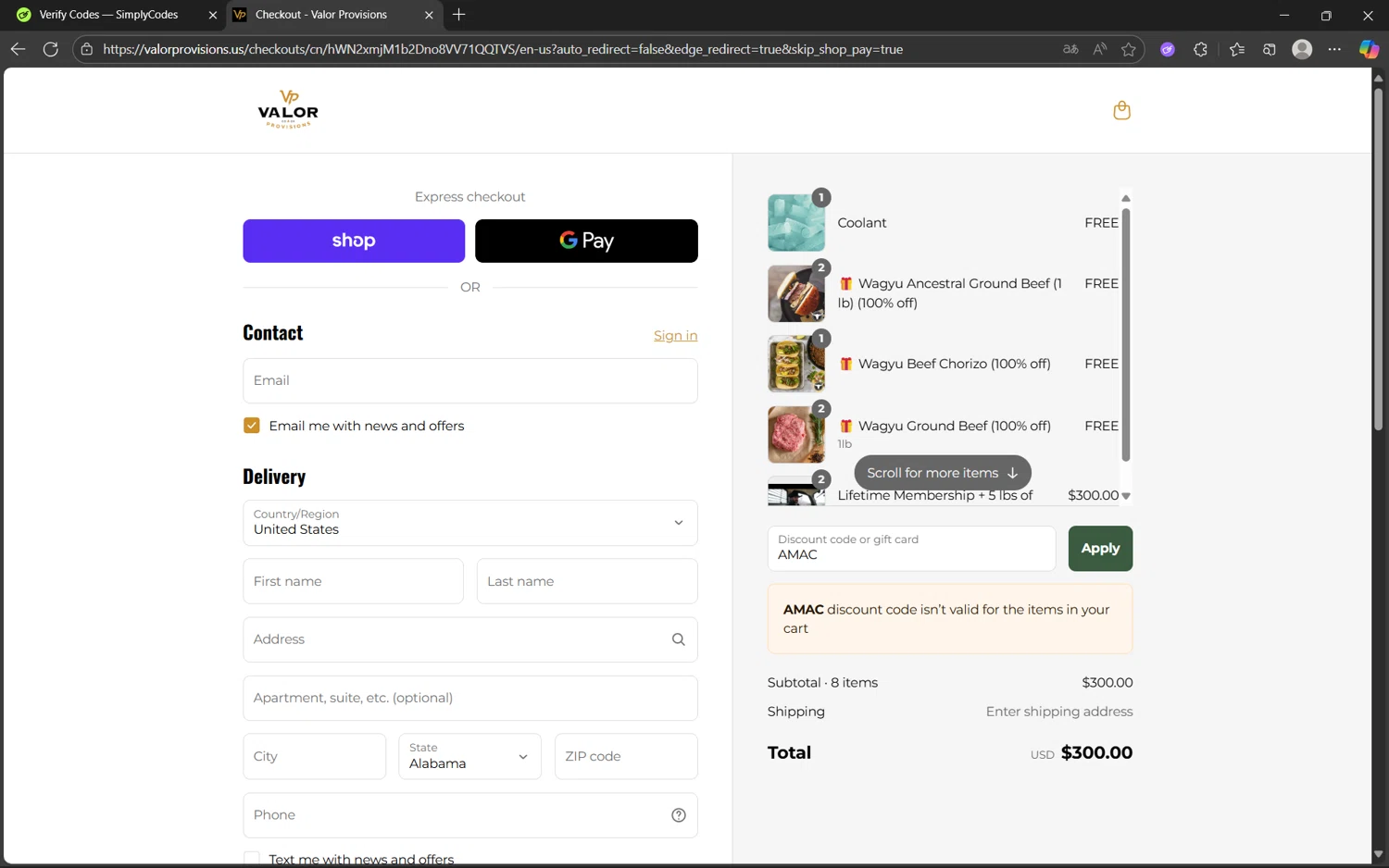 Valor Provisions promo code screenshot showing code AMAC applied at Valor Provisions checkout page. Uploaded by SimplyCodes community member juan1702 on Sep 14, 2025