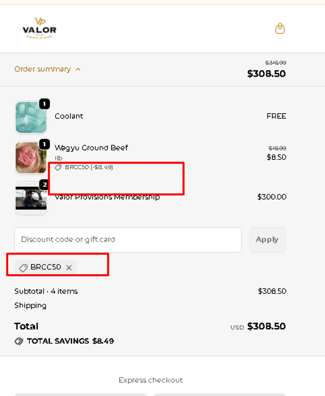 Valor Provisions promo code screenshot showing code BRCC50 applied at Valor Provisions checkout page. Uploaded by SimplyCodes community member AMANDA2681 on Dec 20, 2025