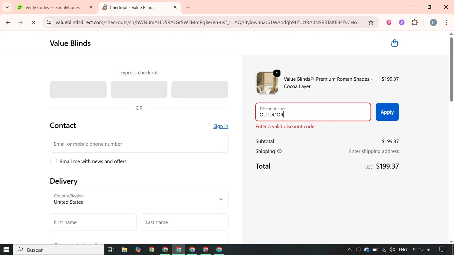 Value Blinds promo code screenshot showing code OUTDOOR applied at Value Blinds checkout page. Uploaded by SimplyCodes community member SavingsBoss9912 on Feb 14, 2026
