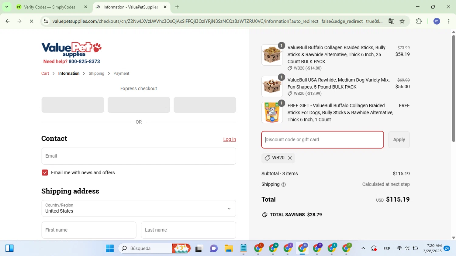 Value Pet Supplies promo code screenshot showing code WB20 applied at Value Pet Supplies checkout page. Uploaded by SimplyCodes community member CleverSleuth6844 on Mar 28, 2025
