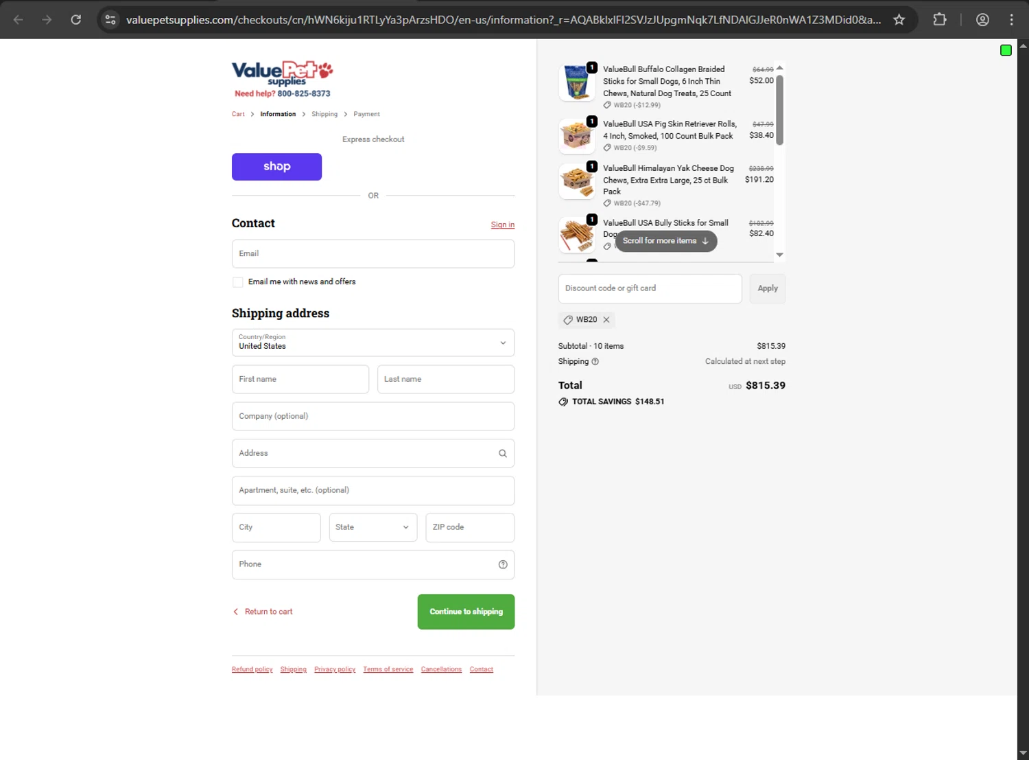 Value Pet Supplies promo code screenshot showing code WB20 applied at Value Pet Supplies checkout page. Uploaded by SimplyCodes community member megagei on Dec 23, 2025