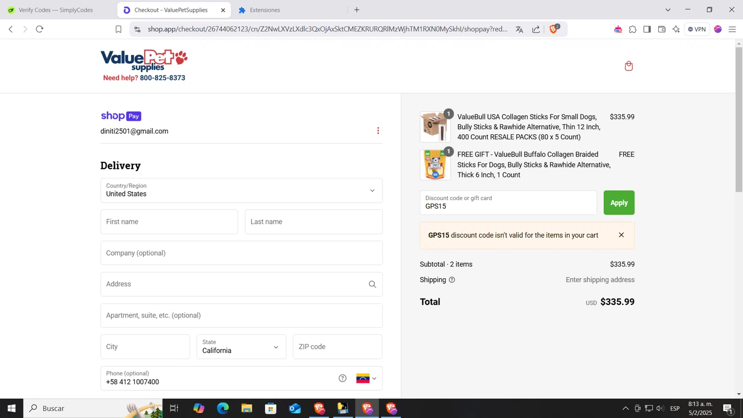 Value Pet Supplies promo code screenshot showing code GPS15 applied at Value Pet Supplies checkout page. Uploaded by SimplyCodes community member AnthonyGTX on Feb 5, 2025