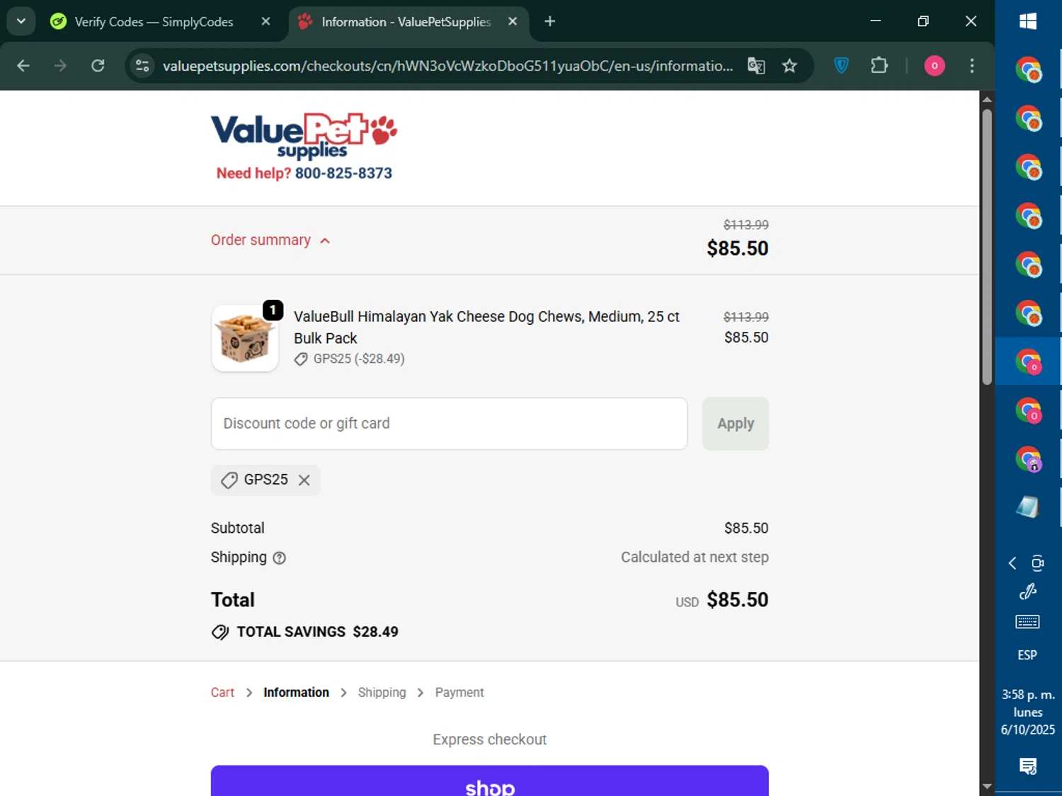 Value Pet Supplies promo code screenshot showing code GPS25 applied at Value Pet Supplies checkout page. Uploaded by SimplyCodes community member RebateNavigator926 on Oct 6, 2025