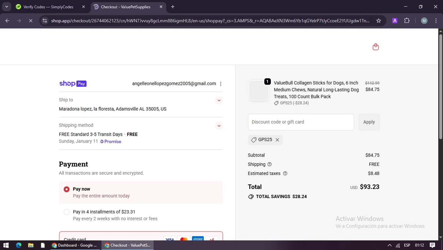 Value Pet Supplies promo code screenshot showing code GPS25 applied at Value Pet Supplies checkout page. Uploaded by SimplyCodes community member maraxo on Jan 7, 2026