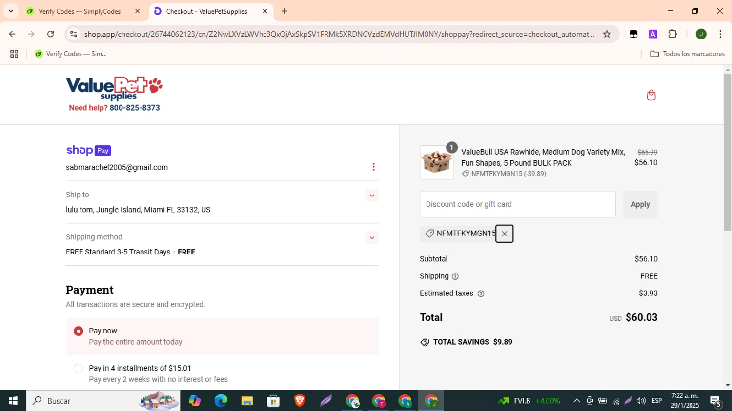 Value Pet Supplies promo code screenshot showing code NFMTFKYMGN15 applied at Value Pet Supplies checkout page. Uploaded by SimplyCodes community member CleverBoss9743 on Jan 29, 2025