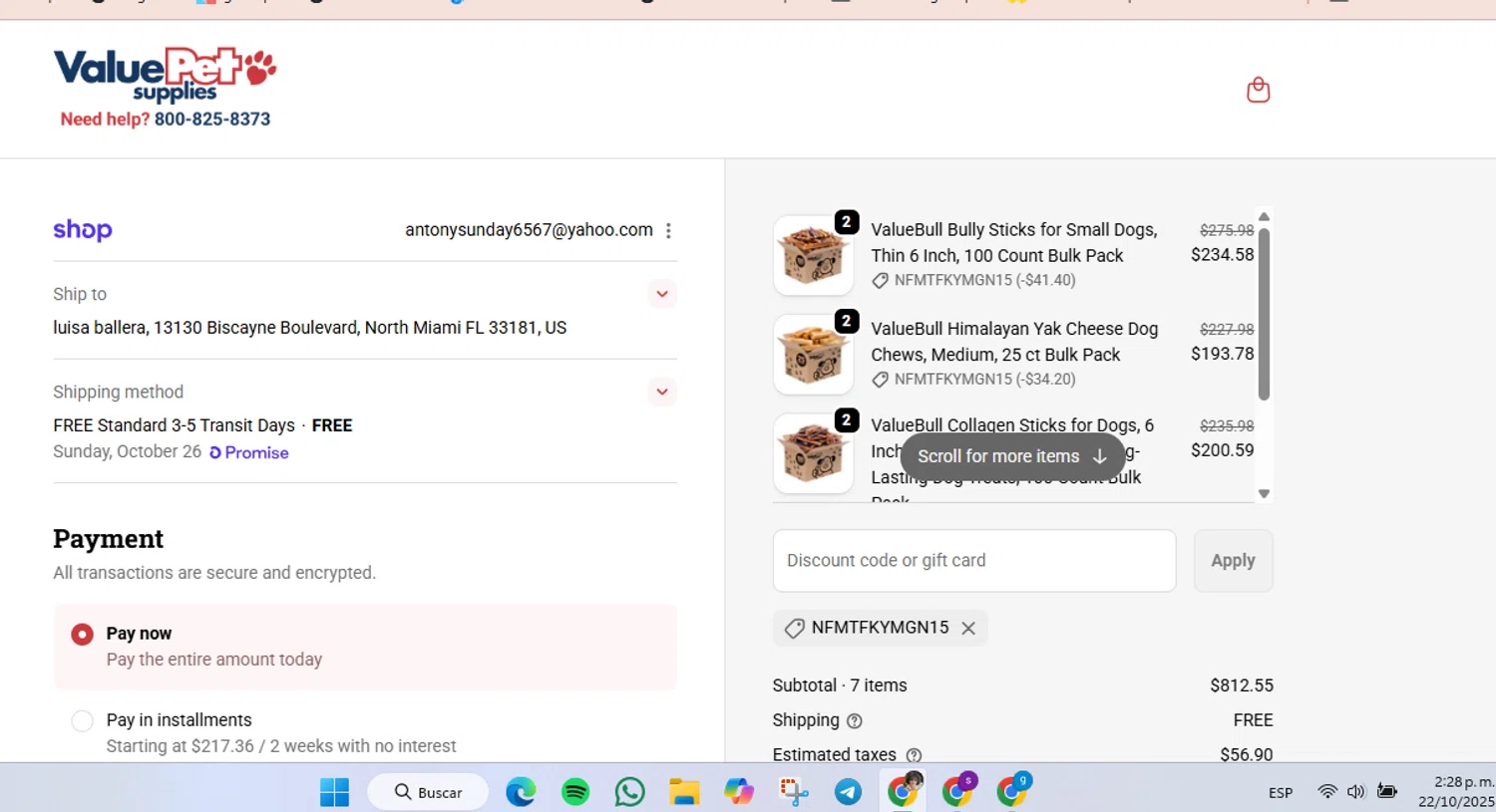 Value Pet Supplies promo code screenshot showing code NFMTFKYMGN15 applied at Value Pet Supplies checkout page. Uploaded by SimplyCodes community member luisaballera on Oct 22, 2025