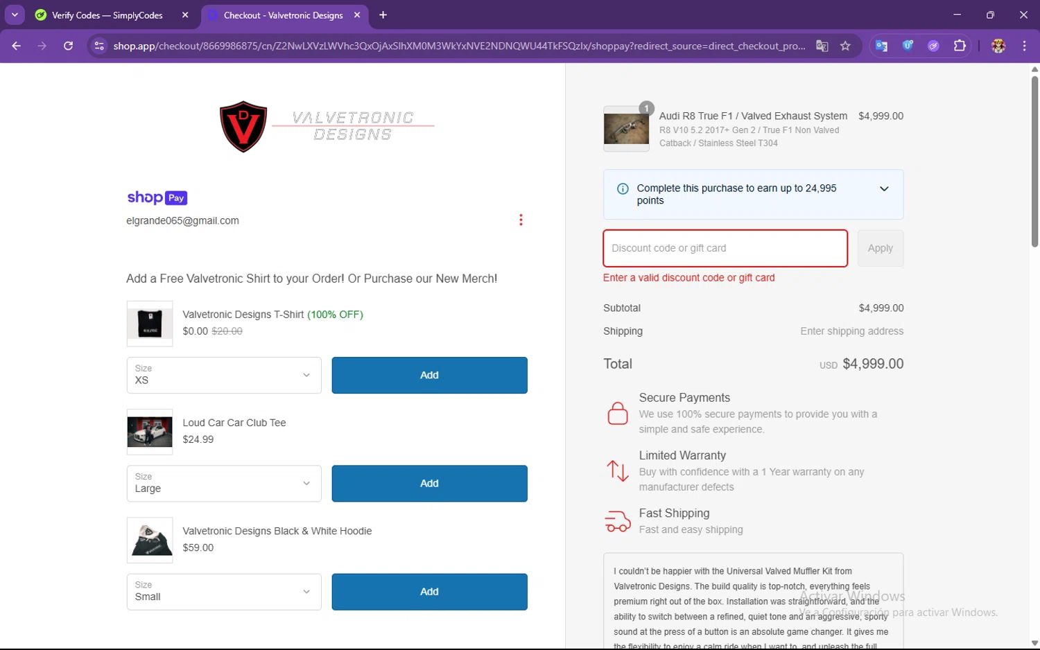 Valvetronic Designs promo code screenshot showing code FINDINGNICK applied at Valvetronic Designs checkout page. Uploaded by SimplyCodes community member PrimeSeeker905 on Jun 16, 2025